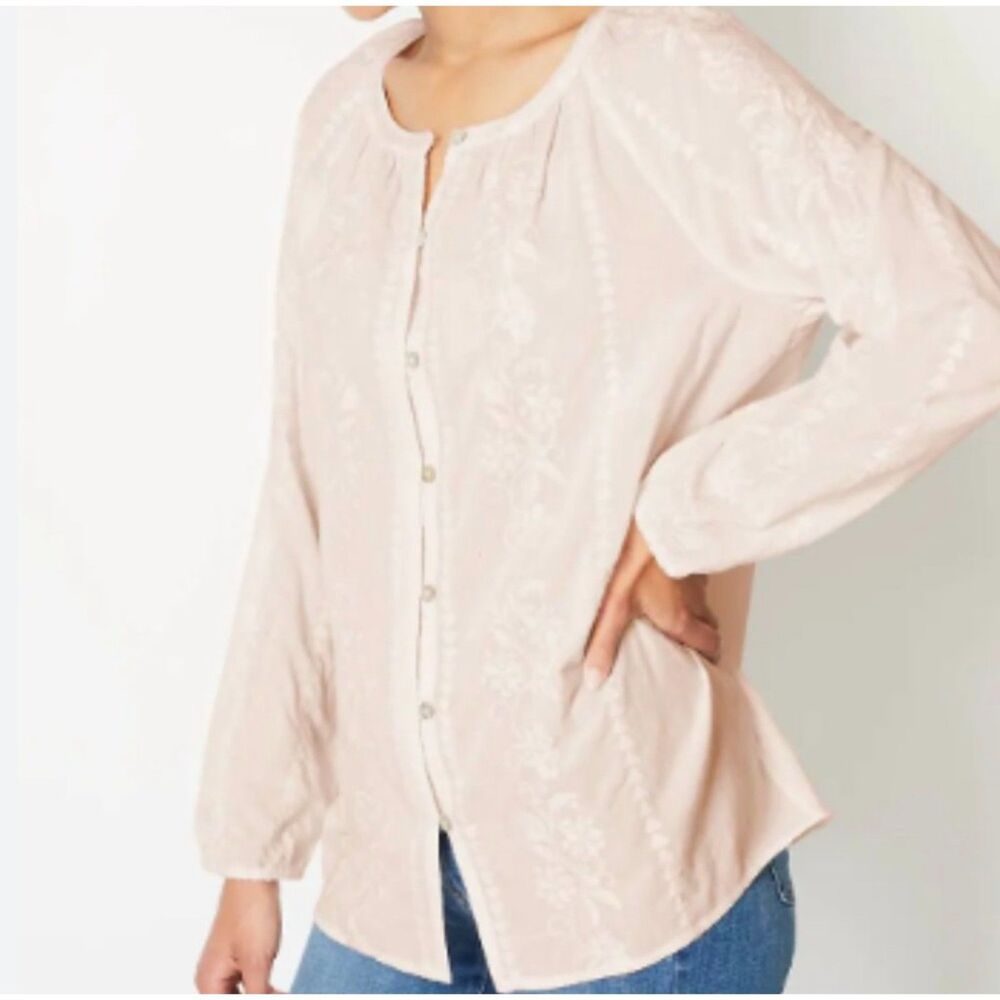J. JILL 100% Cotton Light Pink Peasant Blouse Mother of Pearl Buttons, Sz M